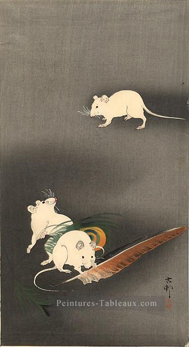 trois souris blanches 1900 animaux Ohara KOSON Peintures à l'huile